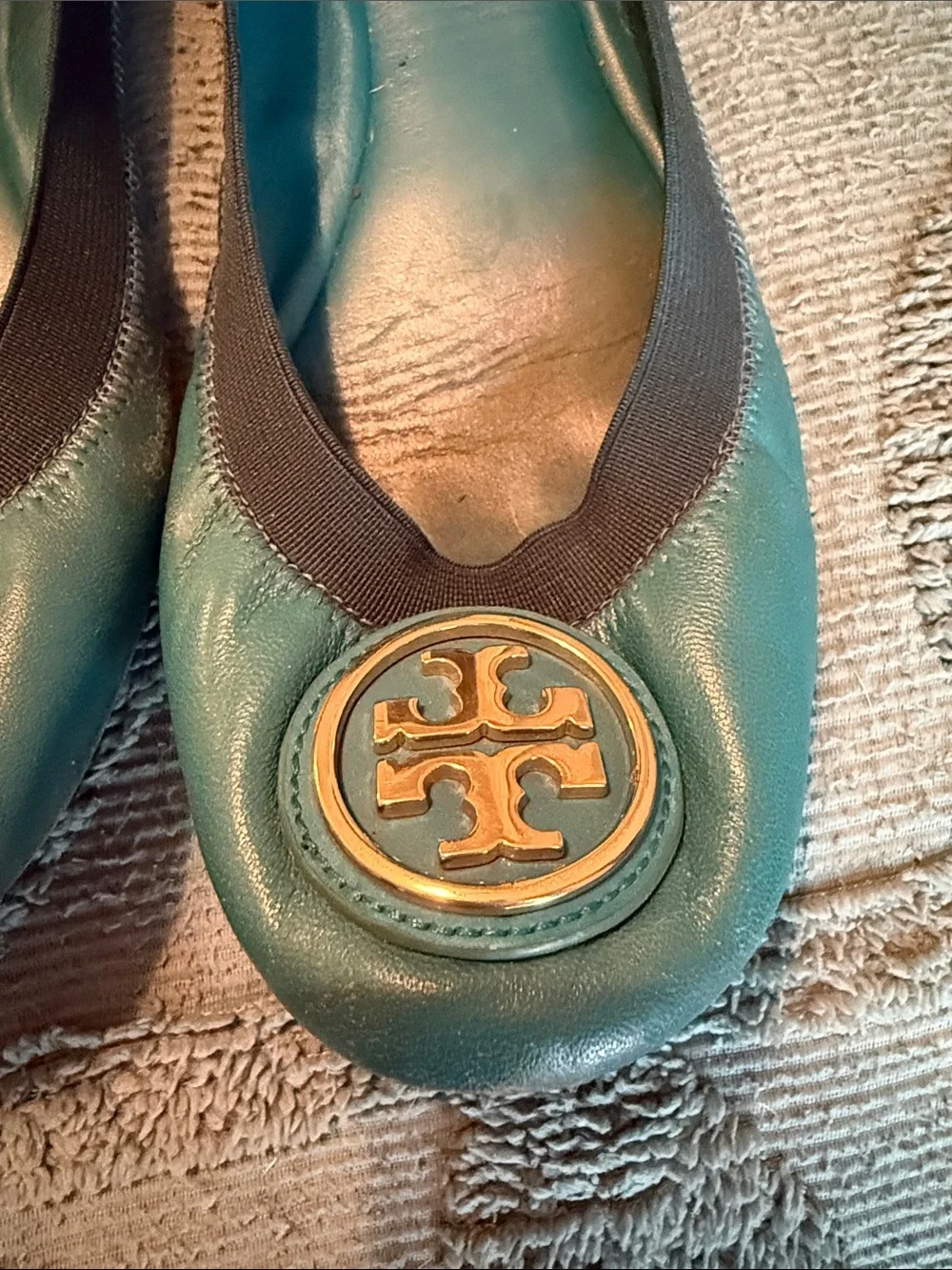 Tory Burch Teal Leather Logo Ballet Flats